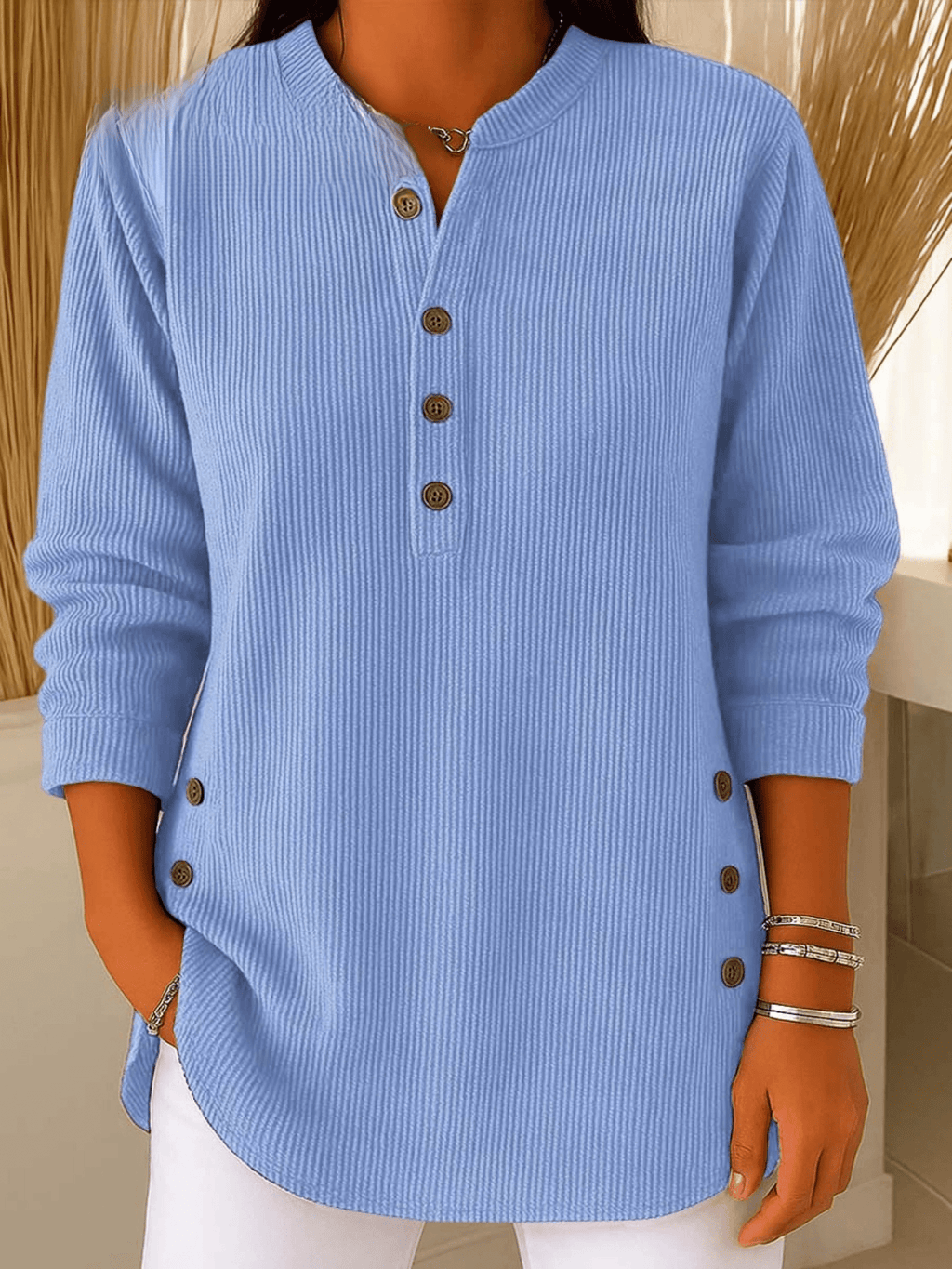 Ribbed Tunic Top Henley Neckline Side Buttons