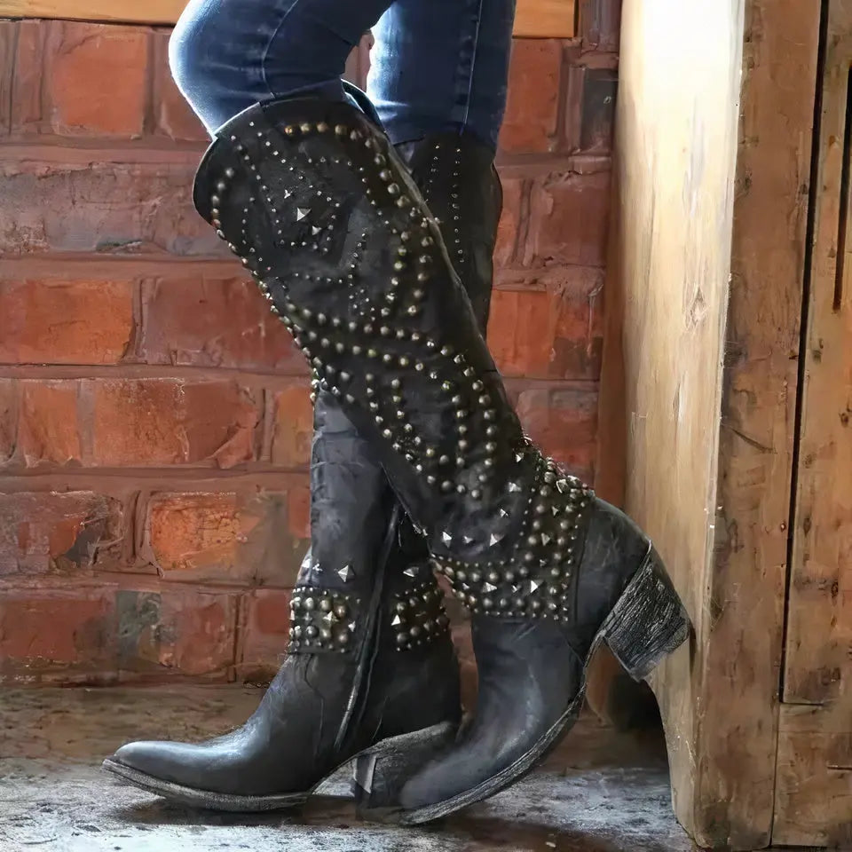 Knee High Boots Rivet Detail Heel