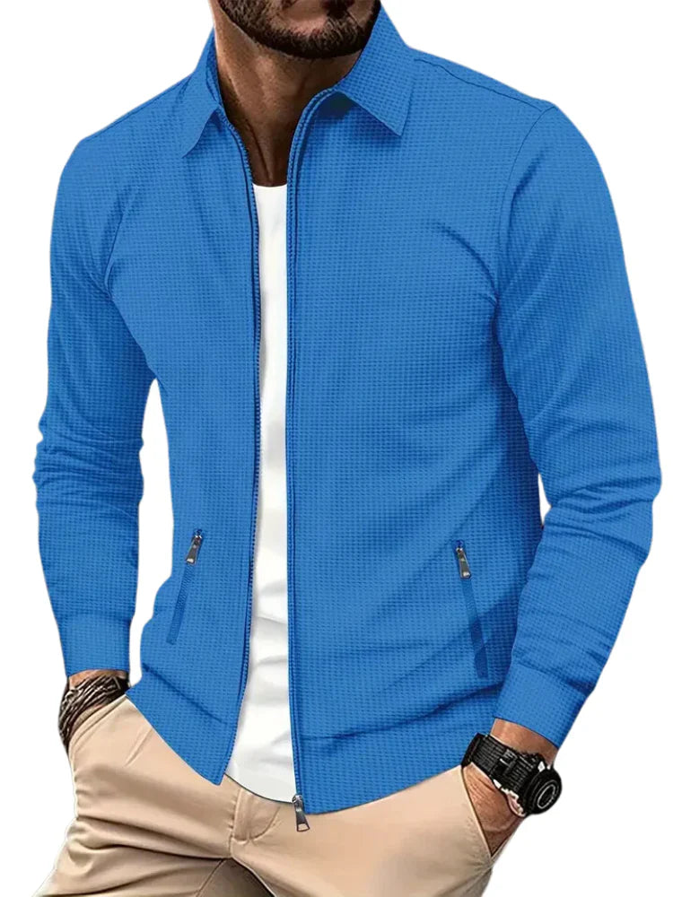 Lightweight everyday zip front jacket in blue, front view
