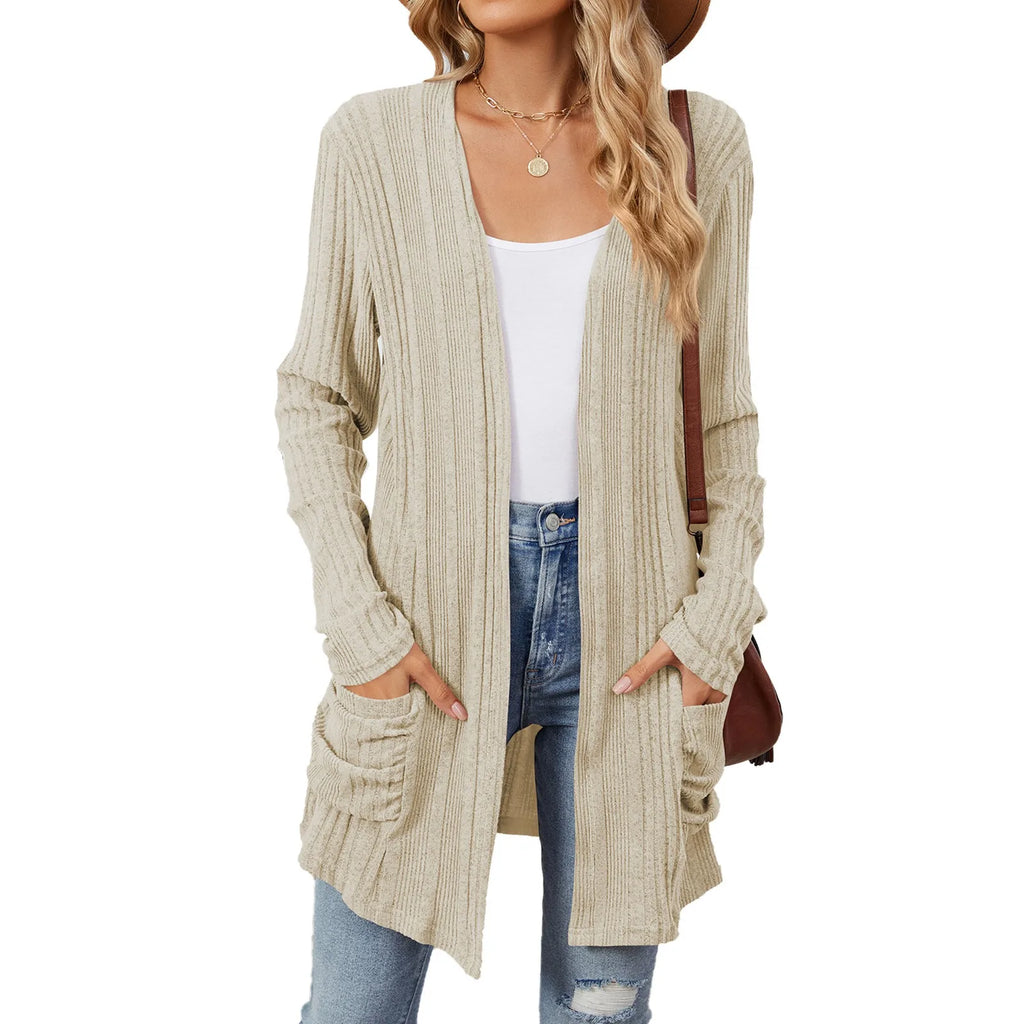 Longline Ribbed Cardigan Open Front Pockets