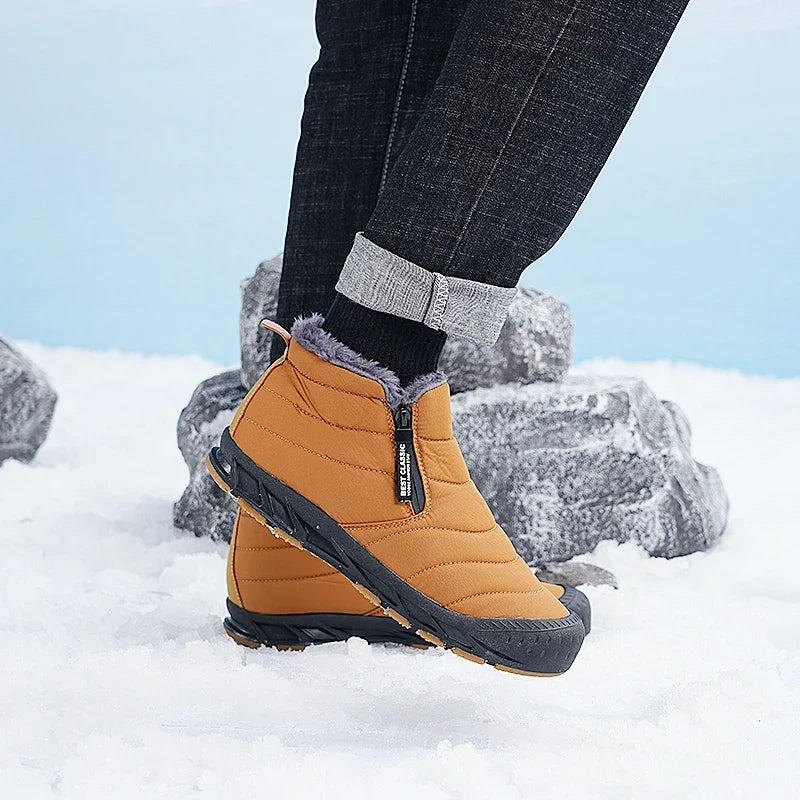 Waterproof warm lined unisex winter boots in camel, side view