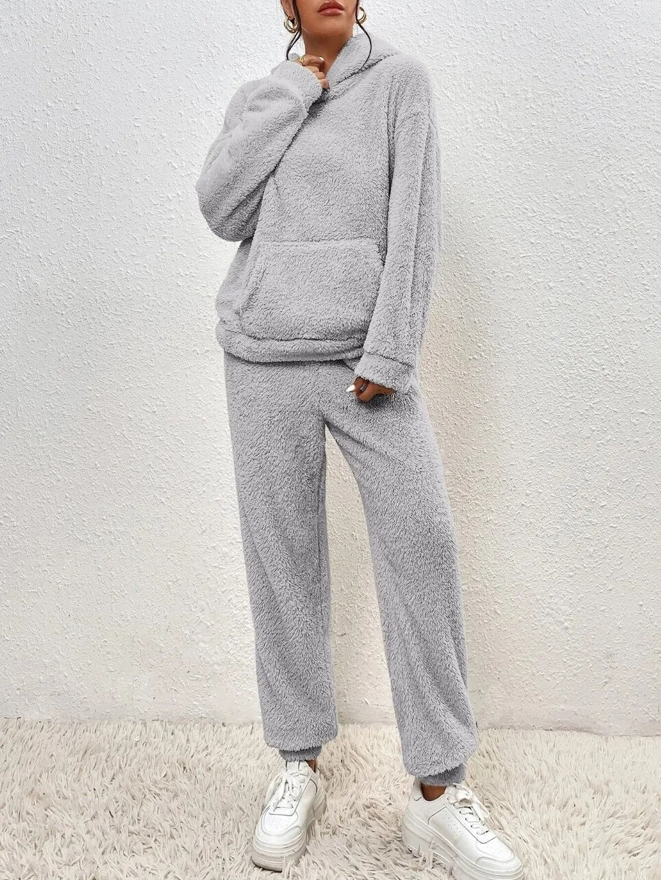 Loungewear Set Teddy Fleece Hooded Two Piece
