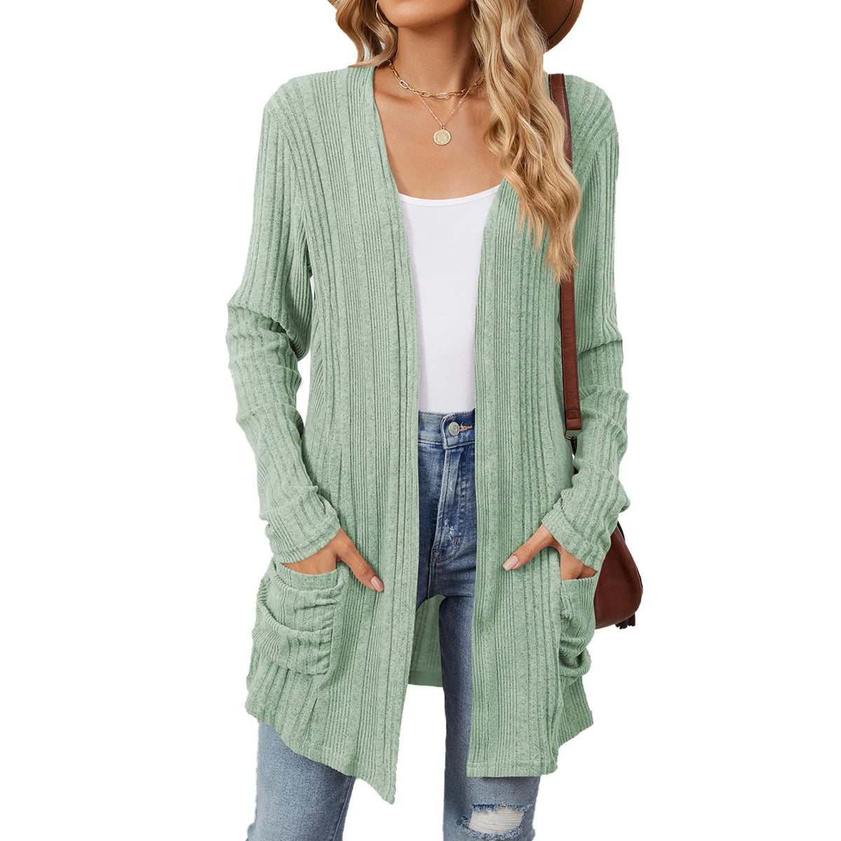 Longline Ribbed Cardigan Open Front Pockets