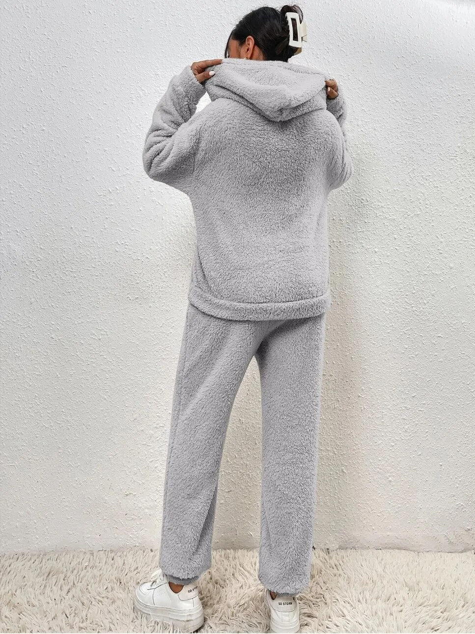 Loungewear Set Teddy Fleece Hooded Two Piece