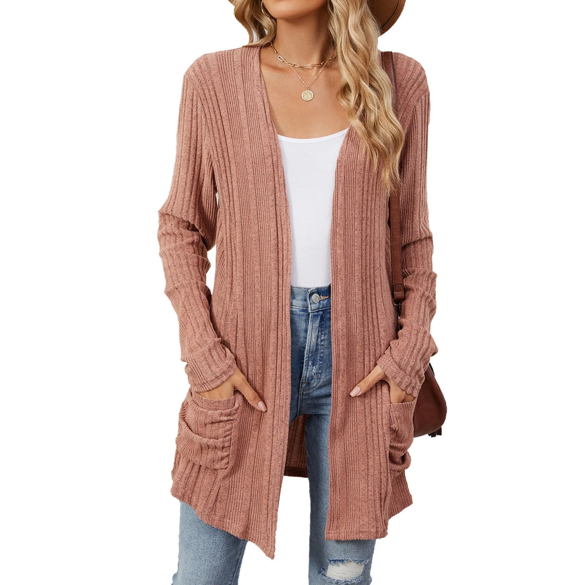 Longline Ribbed Cardigan Open Front Pockets