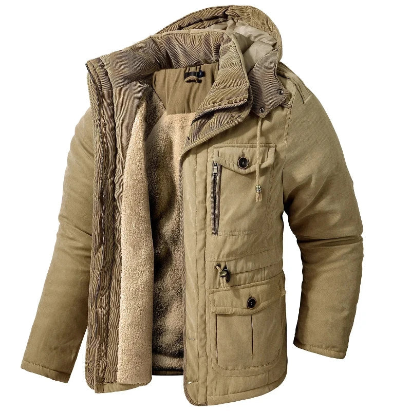 Waterproof insulated padded winter coat in khaki, front view