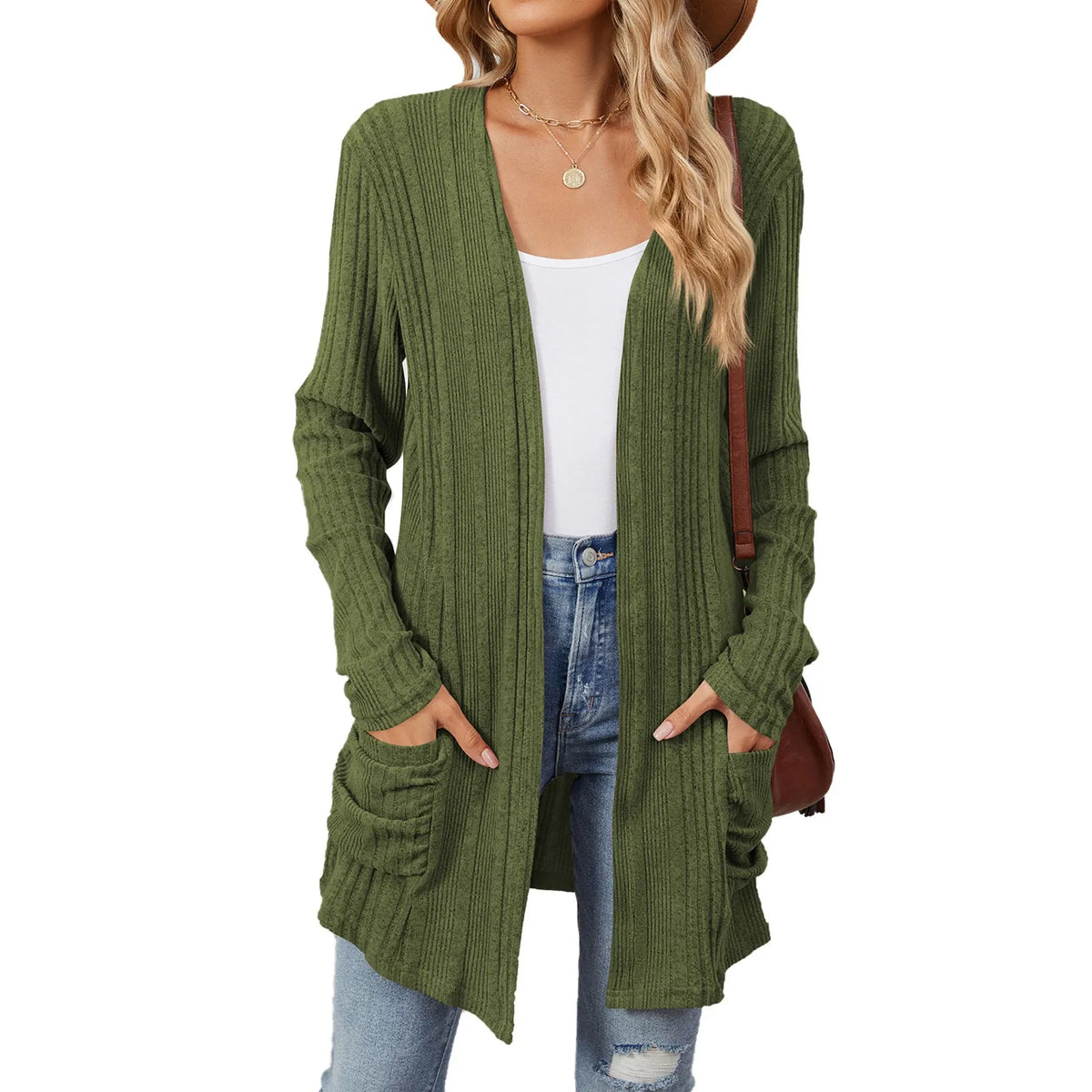 Longline Ribbed Cardigan Open Front Pockets