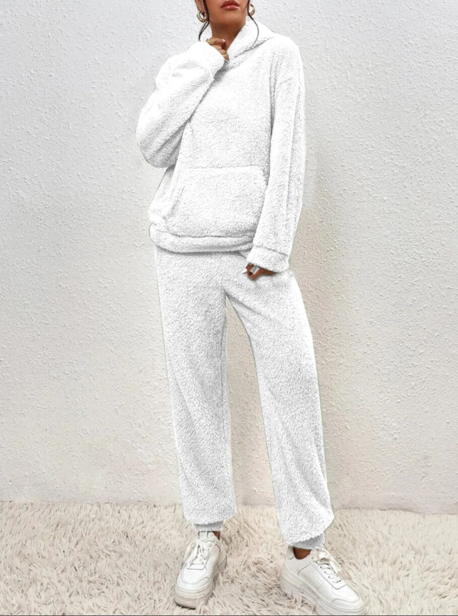 Loungewear Set Teddy Fleece Hooded Two Piece