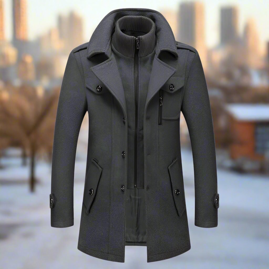 Wool blend overcoat with high collar in black, front view