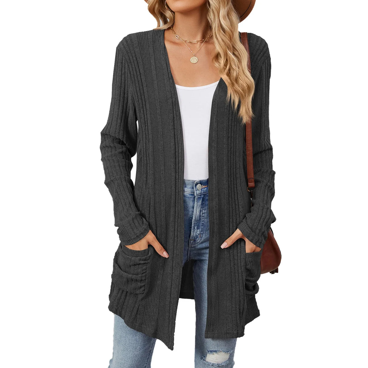Longline Ribbed Cardigan Open Front Pockets