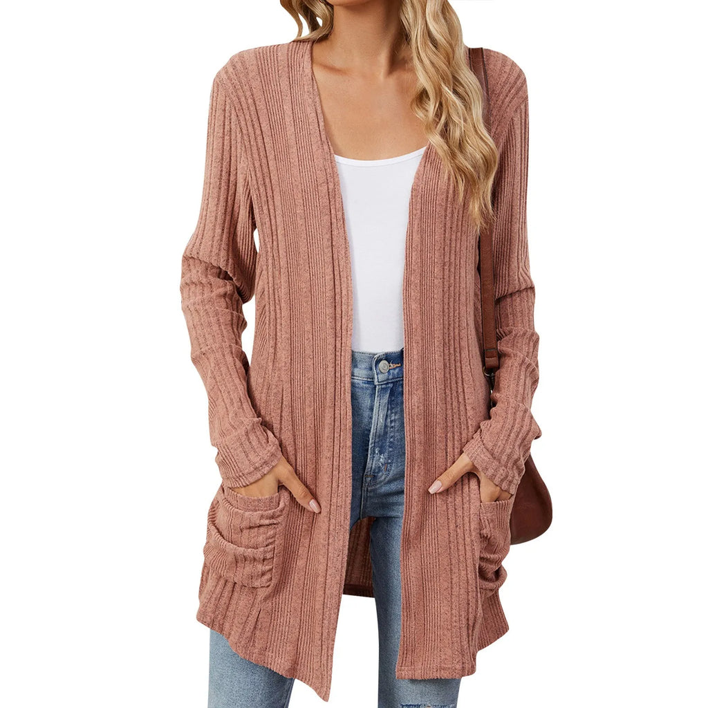 Longline Ribbed Cardigan Open Front Pockets
