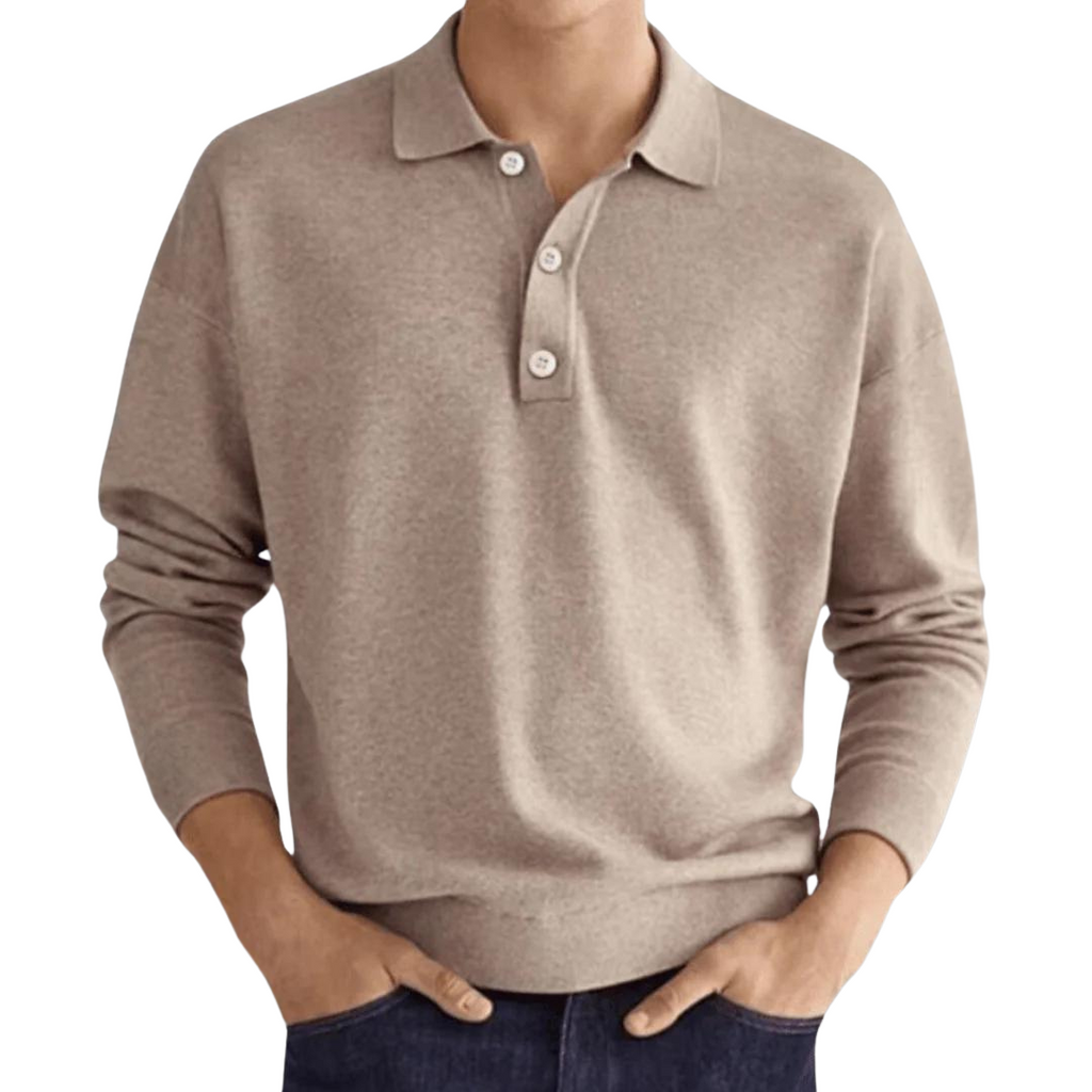 Knitted polo jumper with button placket in khaki, front view