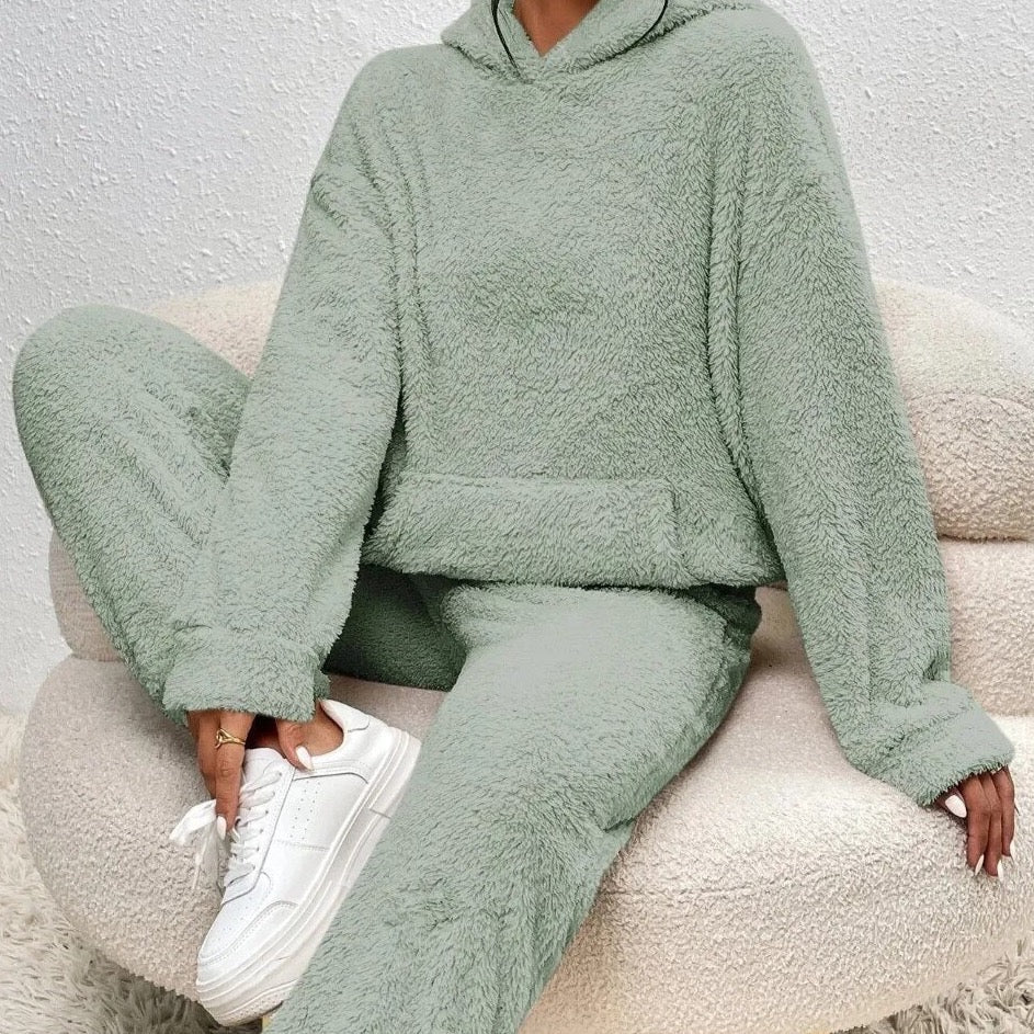 Loungewear Set Teddy Fleece Hooded Two Piece