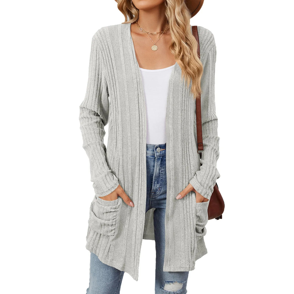 Longline Ribbed Cardigan Open Front Pockets