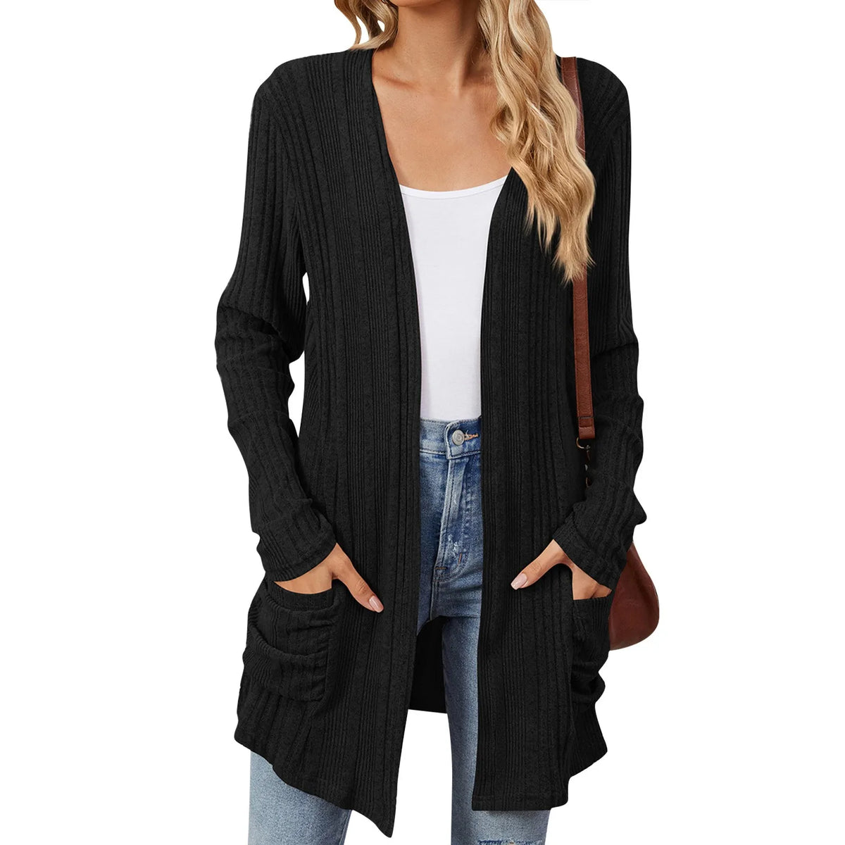 Longline Ribbed Cardigan Open Front Pockets