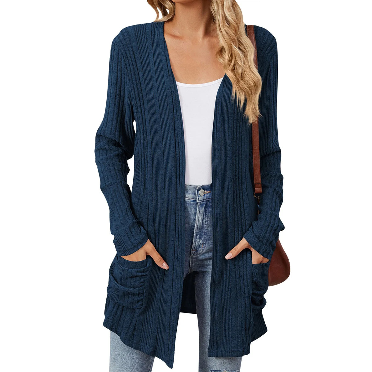 Longline Ribbed Cardigan Open Front Pockets