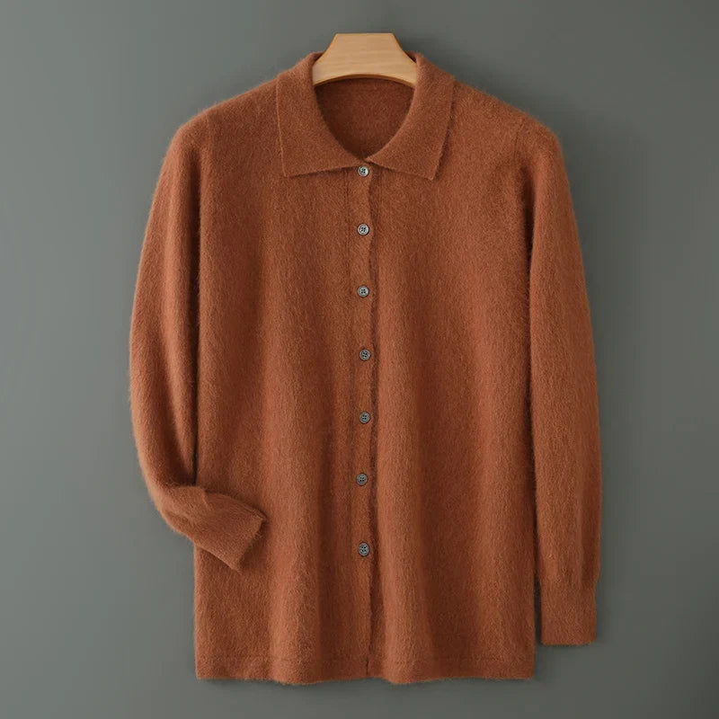 Soft knit open front cardigan in red camel, front view