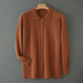 Soft knit open front cardigan in red camel, front view