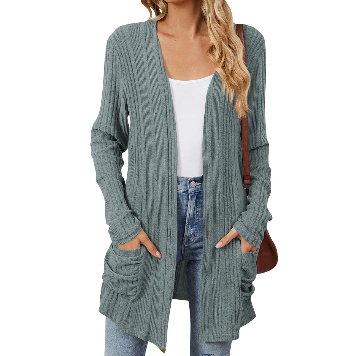 Longline Ribbed Cardigan Open Front Pockets