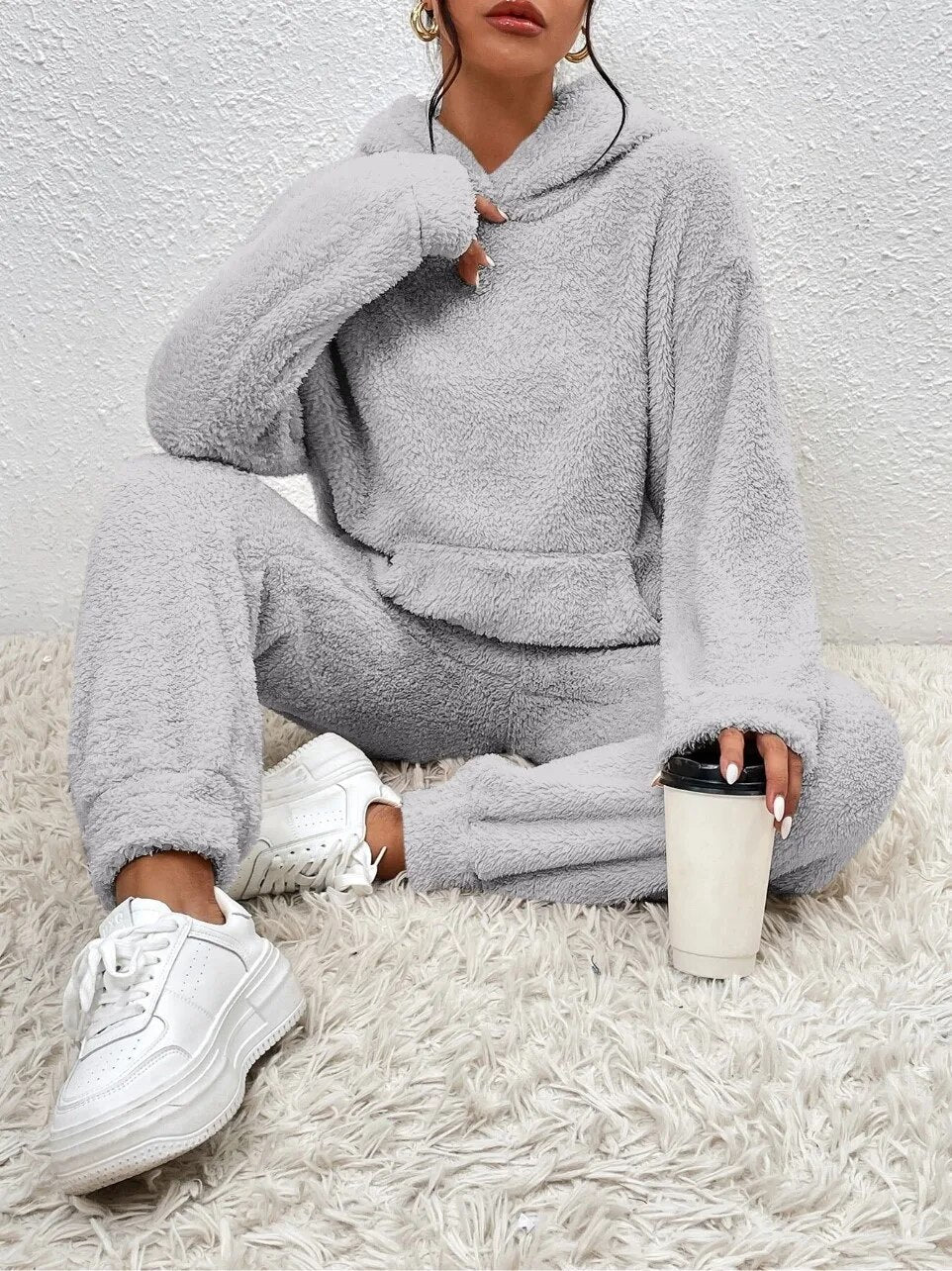Loungewear Set Teddy Fleece Hooded Two Piece