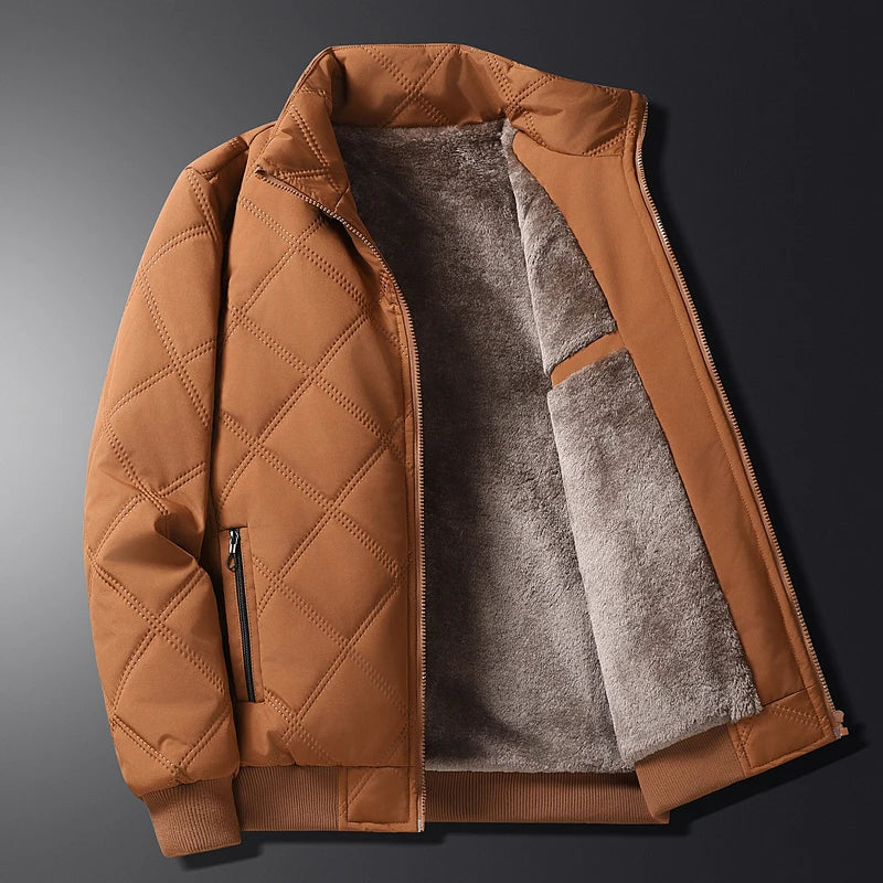 Lightweight quilted zip front jacket in brown, front view