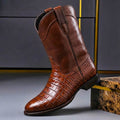 Leather heritage boots in brown, side view