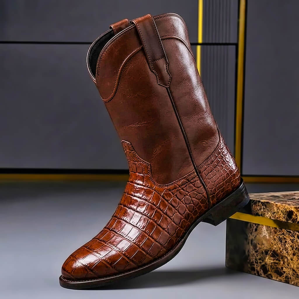 Leather heritage boots in brown, side view