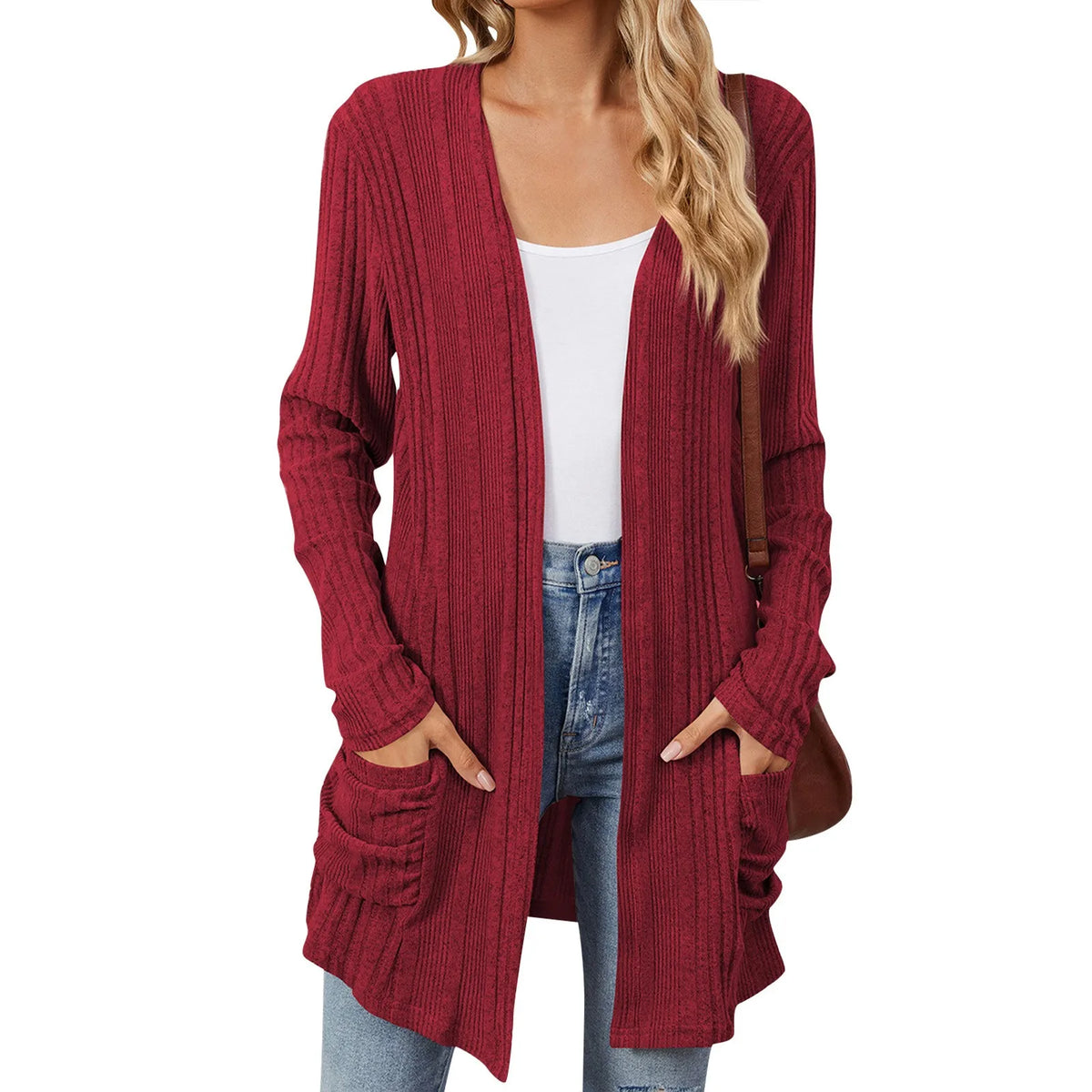 Longline Ribbed Cardigan Open Front Pockets
