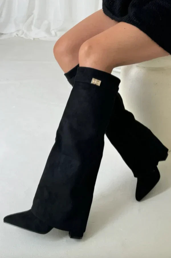 Knee-High Boots Fold Over Pointed Toe