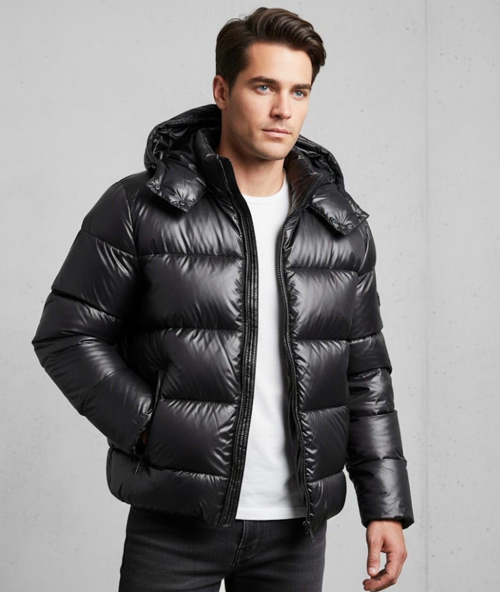 Quilted hooded puffer jacket in black, front view