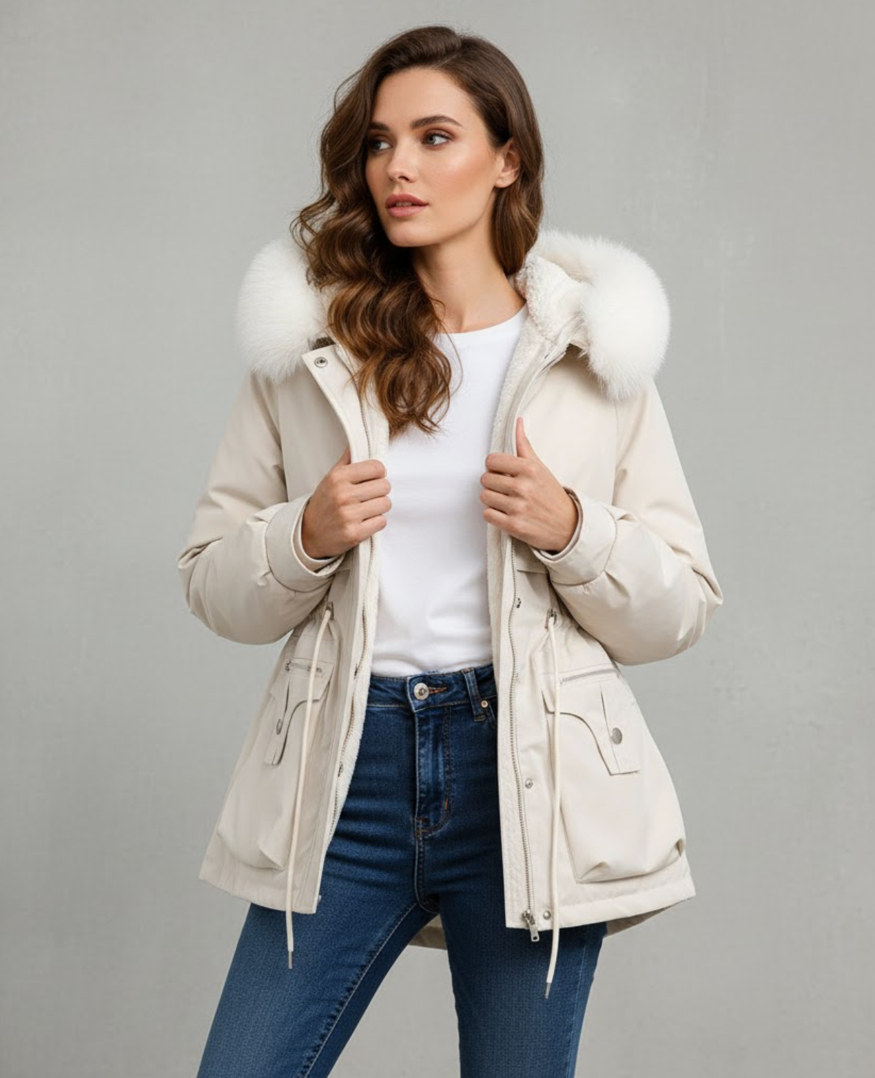 Elegant padded hooded winter coat in white, front view