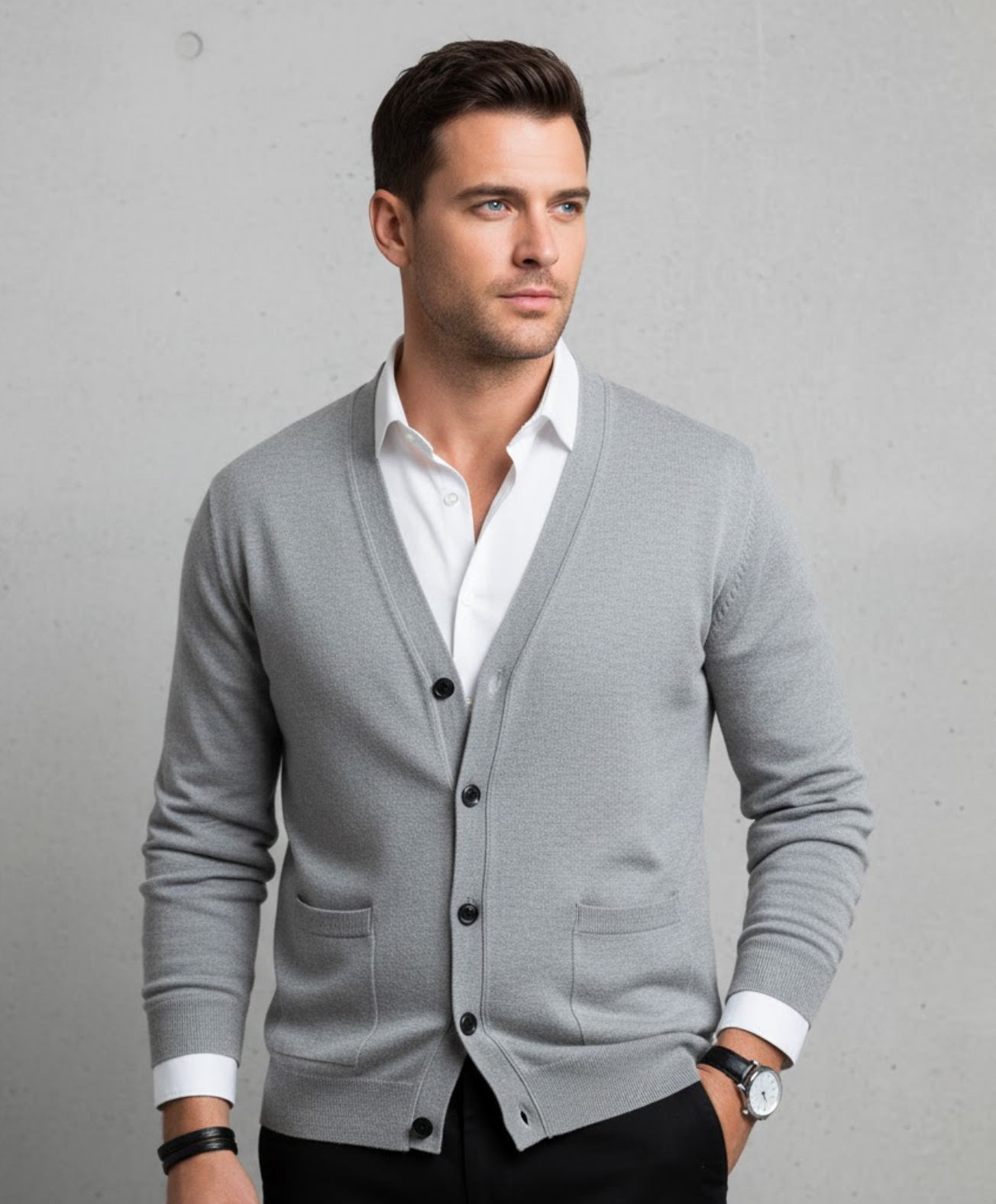 V-neck button front knit cardigan in light grey, front view