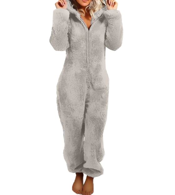 Plush fleece romper in dark grey, front view