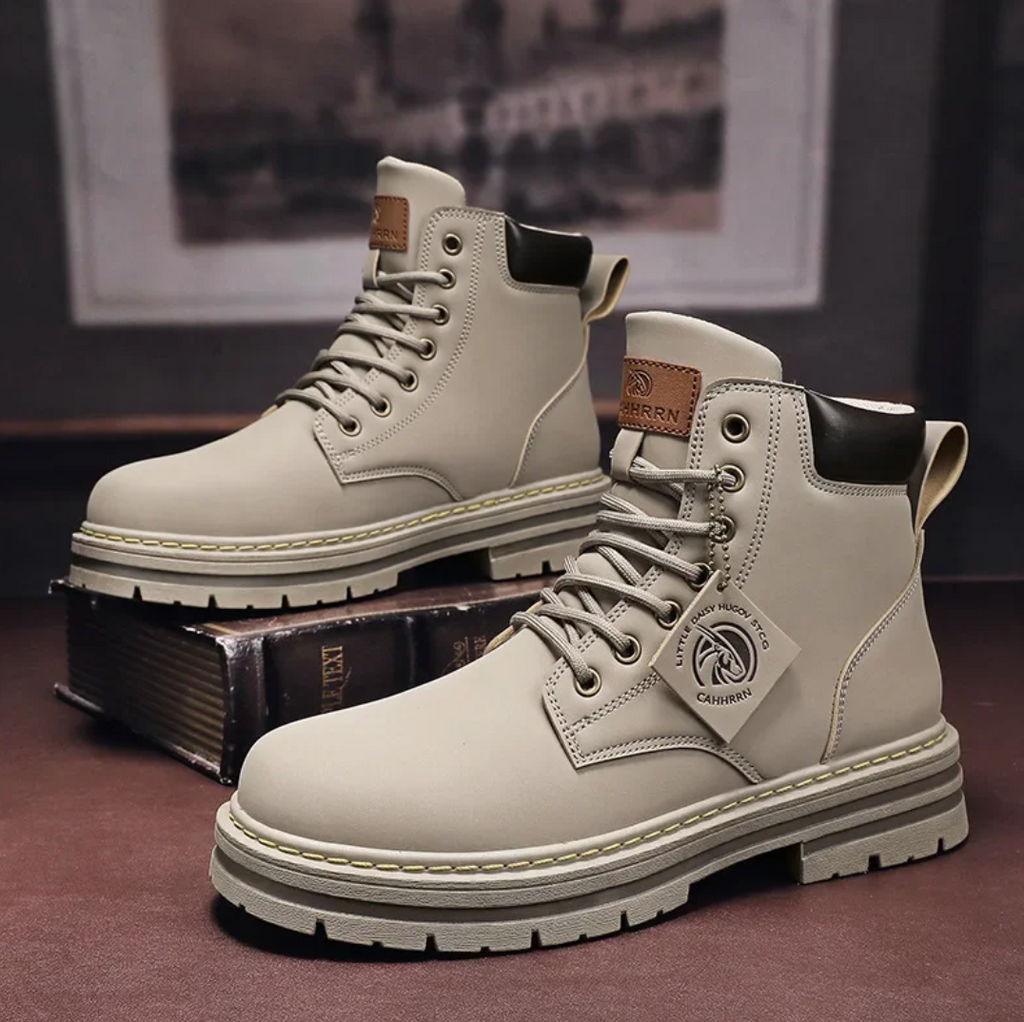 Leather-look lace-up cushioned ankle boots in brown, side view