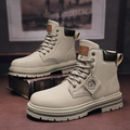 Leather-look lace-up cushioned ankle boots in brown, side view