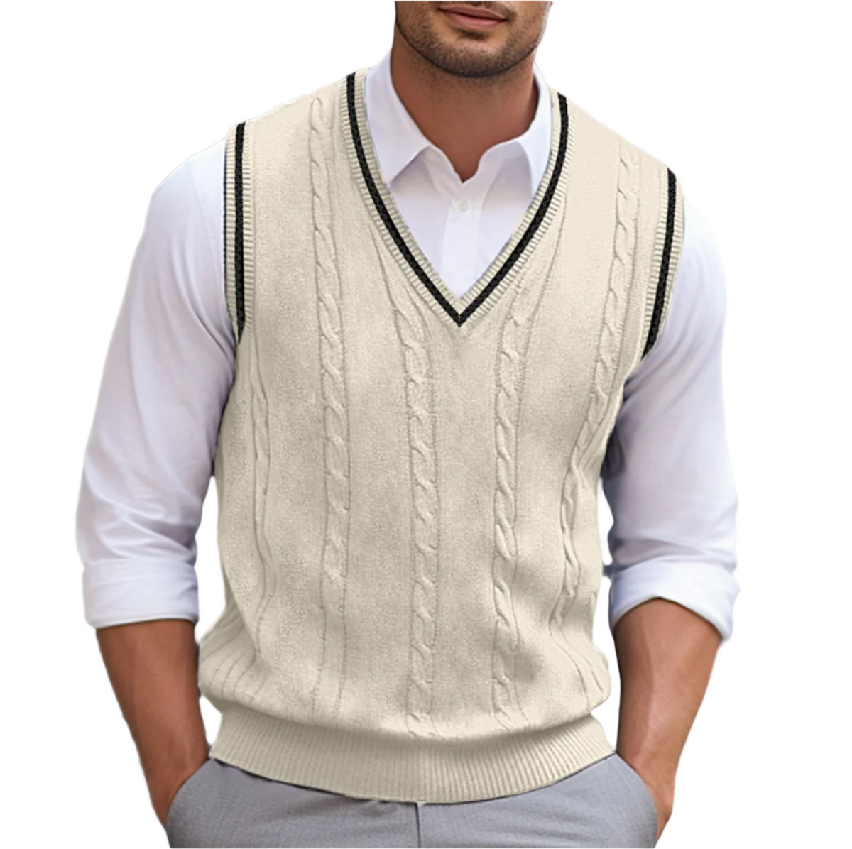 Beige sleeveless V-neck knit vest