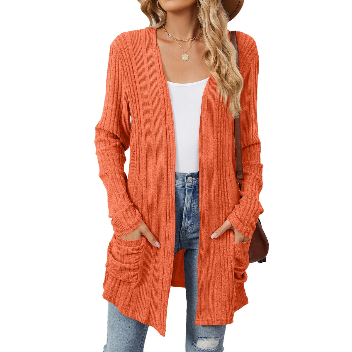 Longline Ribbed Cardigan Open Front Pockets