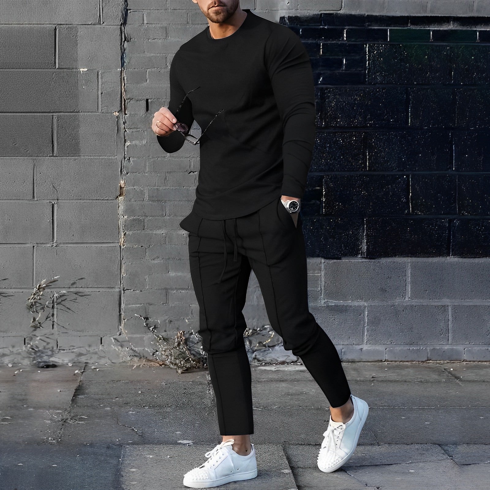 Lightweight tracksuit set, long-sleeve top and joggers, in black