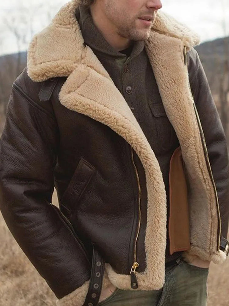 Leather-look aviator jacket with shearling collar in brown, front view