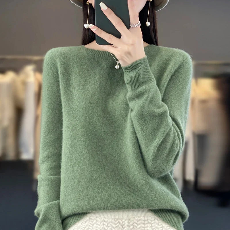 Soft knit jumper with classic round neck in light blue, front view