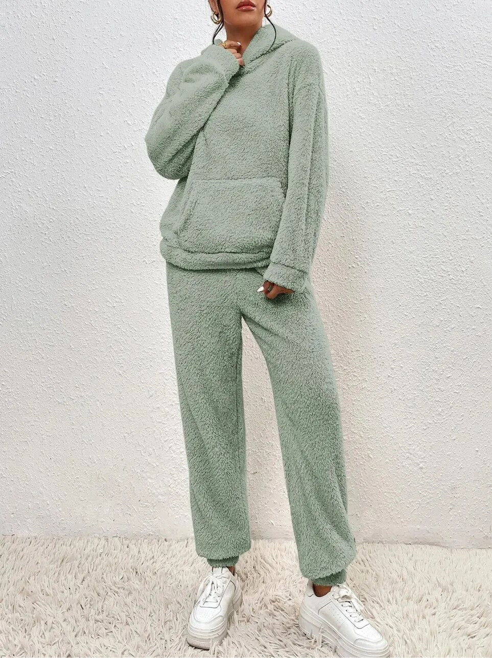 Loungewear Set Teddy Fleece Hooded Two Piece