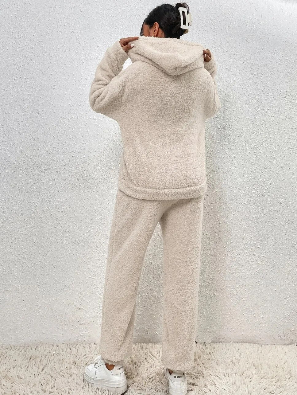 Loungewear Set Teddy Fleece Hooded Two Piece