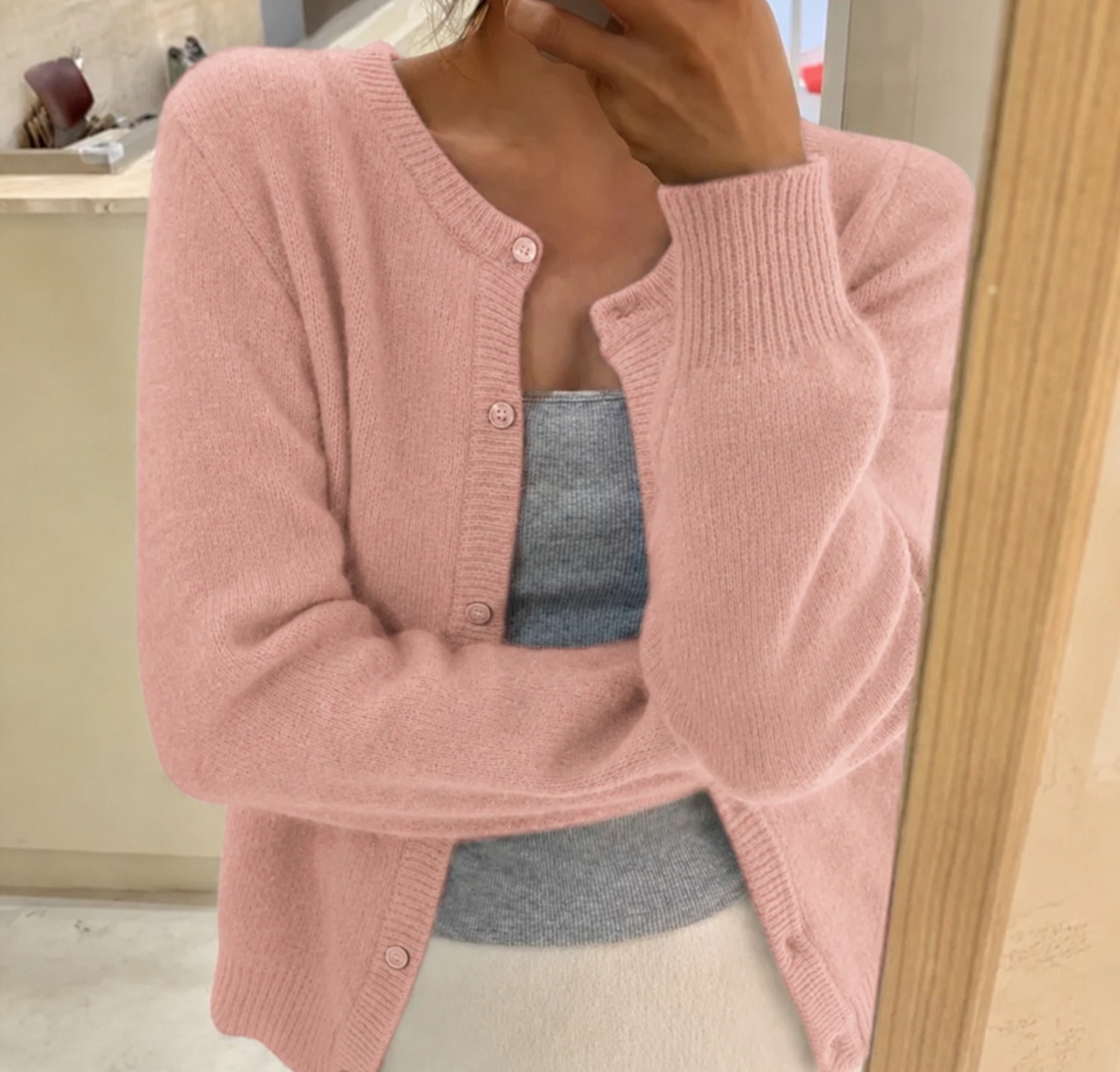 Soft Knit Cardigan - Button Front Round Neckline