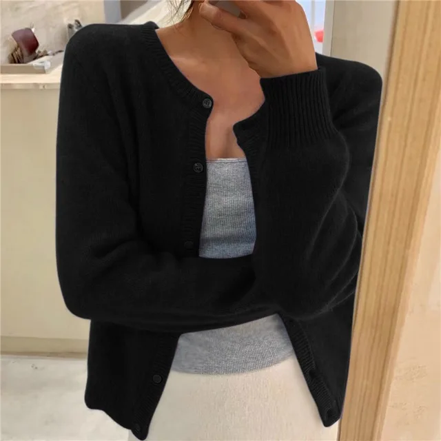 Soft Knit Cardigan - Button Front Round Neckline