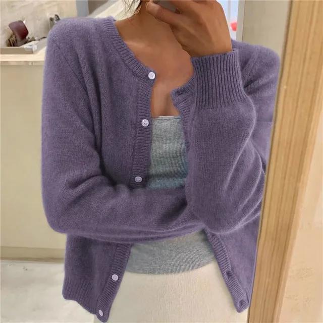 Soft Knit Cardigan - Button Front Round Neckline