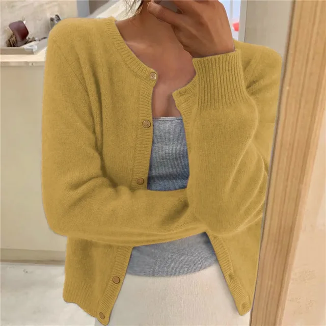 Soft Knit Cardigan - Button Front Round Neckline