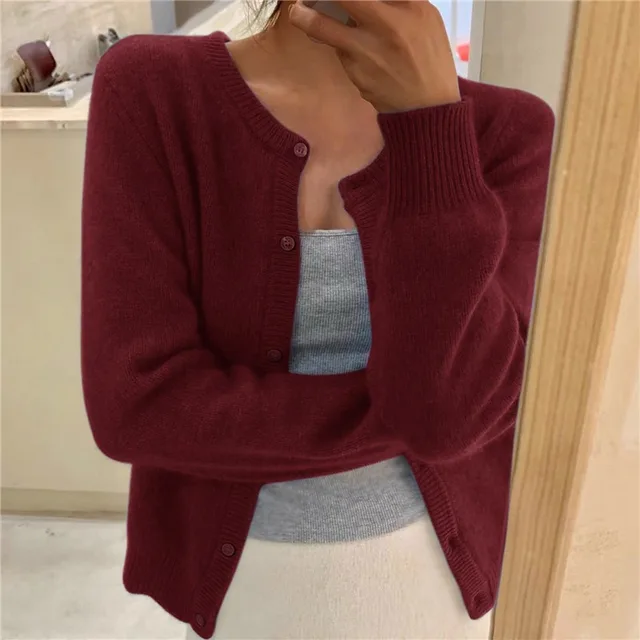 Soft Knit Cardigan - Button Front Round Neckline