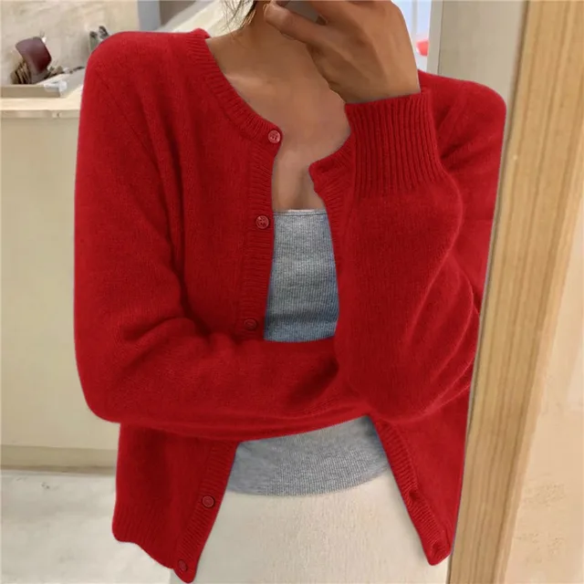 Soft Knit Cardigan - Button Front Round Neckline
