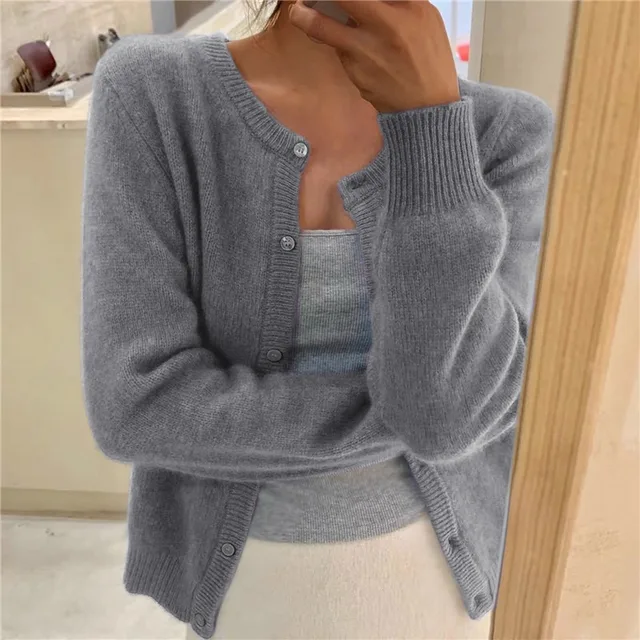 Soft knit button front cardigan in grey, front view