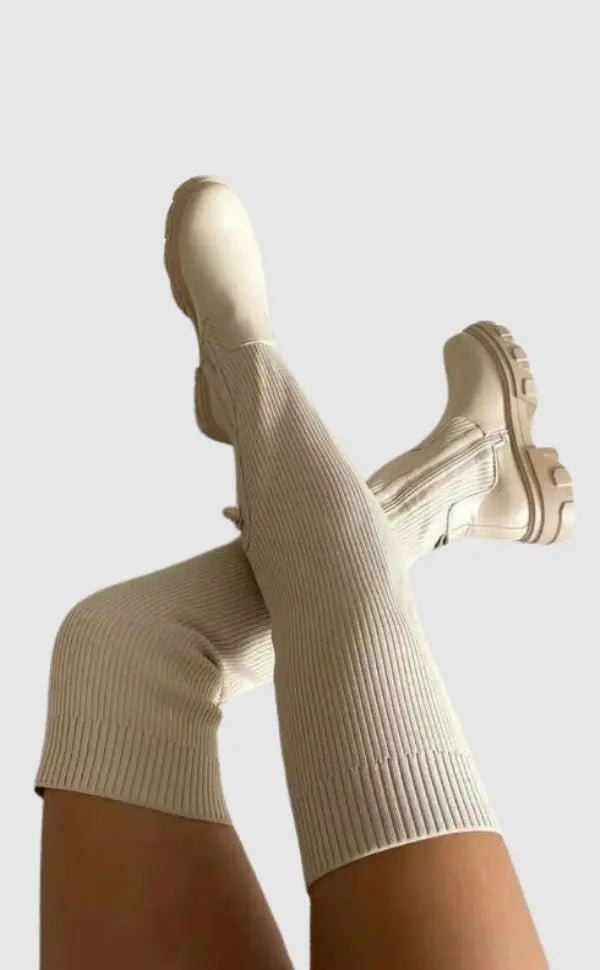 Ribbed stretch knit knee high boots in beige, side view